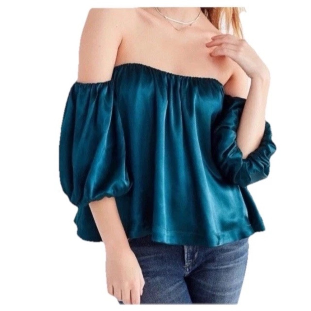 Urban Outfitters Dia Off Shoulder Silky Balloon Sleeve Blouse Top Dark Teal S
